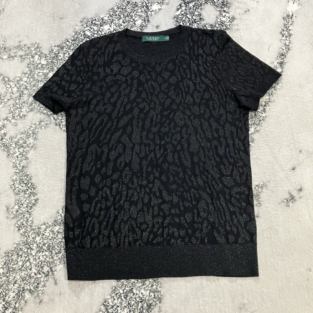 Lauren Ralph Lauren Sweater Womens Size L Black Short Sleeve Animal Print